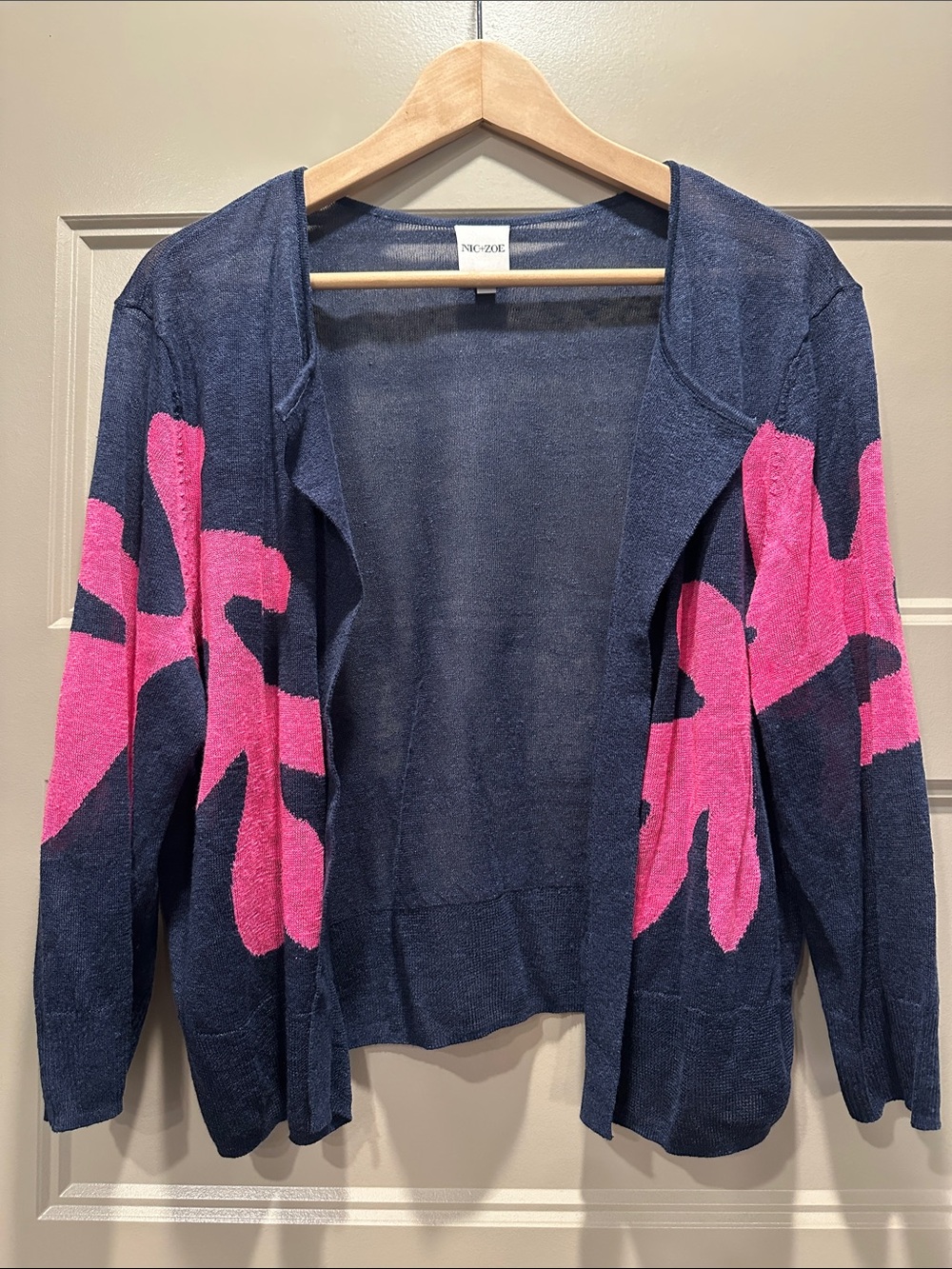 NIC+ZOE Navy Open-Front Cardigan with Pink Floral Motif